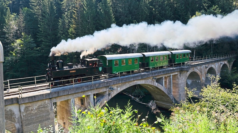 Der nostalgische Zug dampft über ein Viadukt (Bild: Jauschowetz Christian/Christian Jauschowetz)