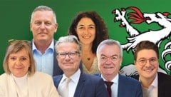 Die Spitzenkandidaten für die Landtagswahl (von links): Claudia Klimt-Weithaler (KPÖ), Mario Kunasek (FPÖ), Christopher Drexler (ÖVP), Sandra Krautwaschl (Grüne), Anton Lang (SPÖ), Niko Swatek (Neos). (Bild: Krone KREATIV/Christian Jauschowetz)