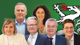 Die Spitzenkandidaten für die Landtagswahl (von links): Claudia Klimt-Weithaler (KPÖ), Mario Kunasek (FPÖ), Christopher Drexler (ÖVP), Sandra Krautwaschl (Grüne), Anton Lang (SPÖ), Niko Swatek (Neos). (Bild: Krone KREATIV/Christian Jauschowetz)