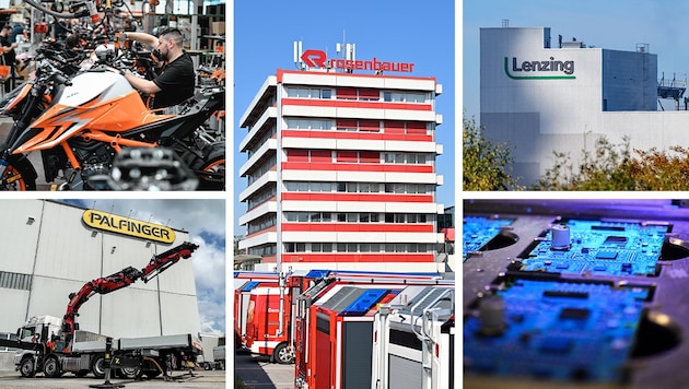 From Pierer Mobility to Palfinger, Rosenbauer, Lenzing and B&amp;R: cost pressure is high and belts have been tightened. (Bild: Krone KREATIV/Harald Dostal, Markus Wenzel (3), FotoKerschi)