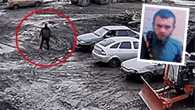 This is where the former Wagner fighter went on the rampage after returning home - a surveillance camera filmed the multiple murderer Ivan Rossomachin as he attacked cars with an axe. (Bild: Krone KREATIV/vk.com/vp_tv, spltnk)