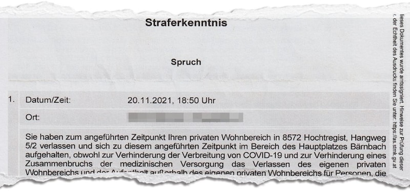 Ein Auszug aus dem Strafbescheid (Bild: zVg)