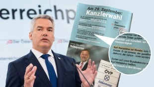 In der Gemeindeparteizeitung wird Nehammer irrtümlich als „Blender“ bezeichnet.  (Bild: Krone KREATIV/APA/GEORG HOCHMUTH, zVg)