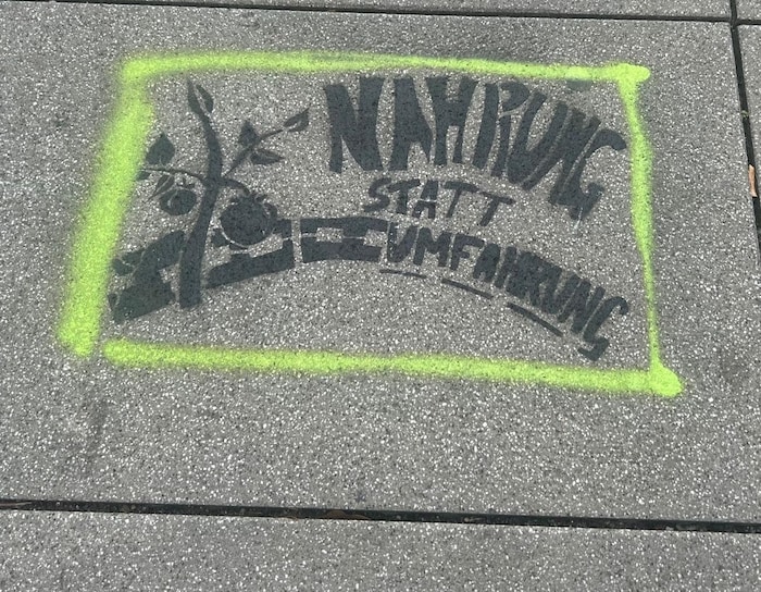 Slogans were sprayed on with stencils.
