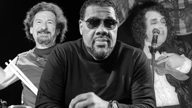 Wie Fatman Scoop, starben auch Drummer Sib Hashian (li.) oder Tiny Tim (re.) bei Auftritten. (Bild: Matt Crossick/PA, PHOTOlink/Everett Collection, Scott Mitchell/Zuma/picturedesk.com (3), Krone KREATIV)