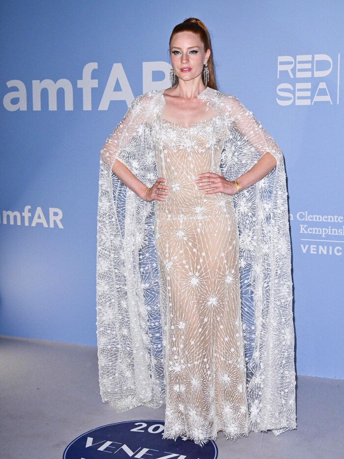 Barbara Meier attended the amfAR Gala in a gown by Eva Poleschinski.