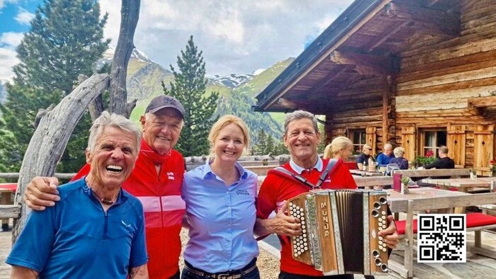 Grieralm landlady Maria with Peter Habeler, Toni Silberberger and Franz Posch.