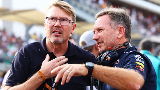 Mika Häkkinen (li.) und Red-Bull-Teamchef Christian Horner (Bild: APA/Getty Images via AFP/GETTY IMAGES/Mark Thompson)