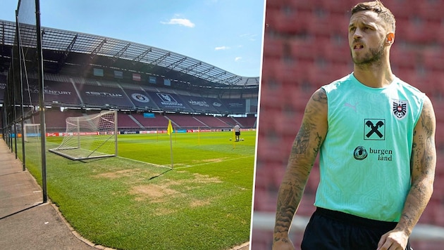 Burnt and a carpet of patches - the ÖFB team (pictured right: Marko Arnautovic) did not train on the stadium pitch in Klagenfurt today. (Bild: GEPA pictures, Christian Reichel)