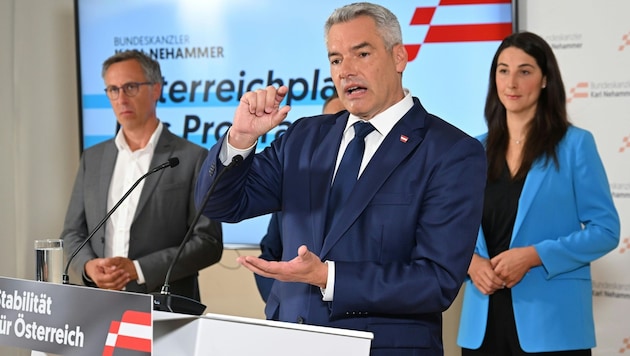 "Stability for Austria": Federal Chancellor and ÖVP leader Karl Nehammer presents his plan for Austria. Next to him: Georg Strasser and Sophia Kirchner (Bild: APA/HELMUT FOHRINGER)