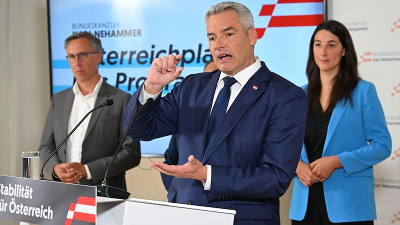 "Stability for Austria": Federal Chancellor and ÖVP leader Karl Nehammer presents his plan for Austria. Next to him: Georg Strasser and Sophia Kirchner (Bild: APA/HELMUT FOHRINGER)