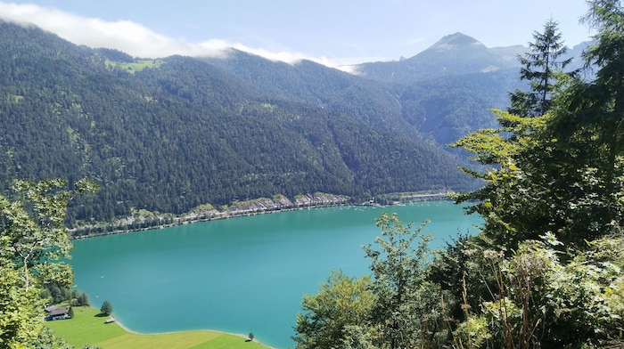 Beim Abstieg auf dem Fahrweg öffnet sich der Blick zum Achensee.