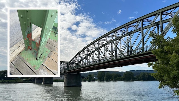 Nahaufnahmen von durchgerosteten Stellen zeigen den schlechten Zustand der Mauterner Donaubrücke. „Sie muss dringend saniert werden“, heißt es von der FPÖ. (Bild: Krone KREATIV/FPÖ NÖ)