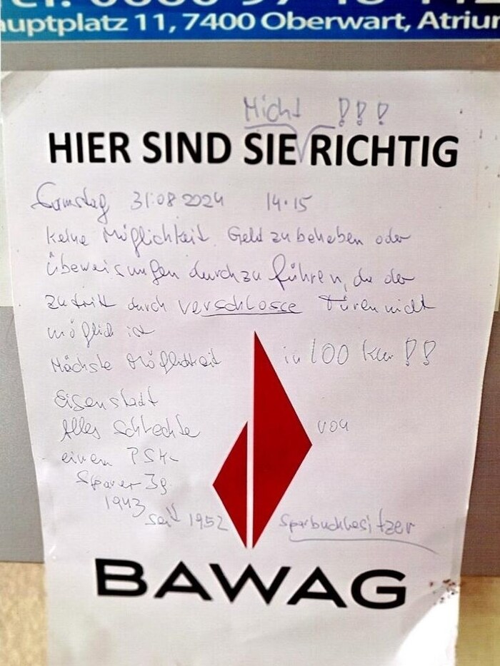 Seine Wut-Botschaft hat Günter Klimesch an der Türe der Bank-Filiale hinterlassen.