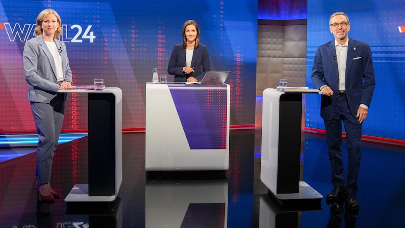 Herbert Kickl (FPÖ) in discussion with Beate Meinl-Reisinger (NEOS) (Bild: ORF Sendungen/ORF)