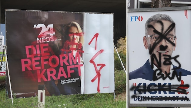 Both the NEOS (left) and the FPÖ were the target of graffiti. (Bild: Birbaumer Christof)