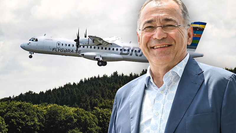 Flughafen-Chef Norbert Draskovits freut sich: Am 28. Oktober wird erstmals die ATR 72-600 der Braathens Regional Airlines von Linz nach Frankfurt abheben. (Bild: Krone KREATIV/Markus Wenzel, Braathens Regional Airlines)