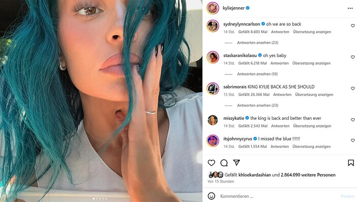 "Teal the End of Time", Kylie Jenner wrote on Instagram and posted pictures of her new hair ...
