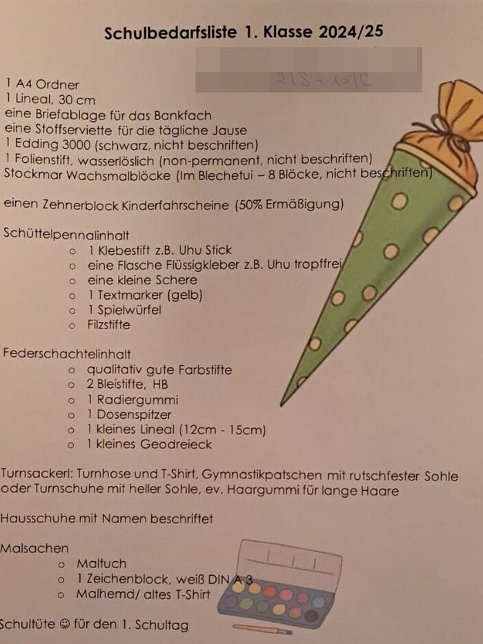 The school supplies list for a 1st grade class.
