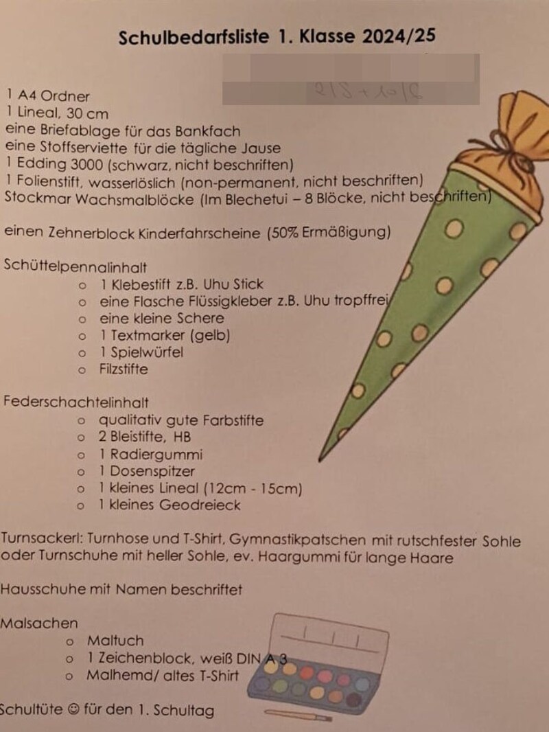 Die Schulbedarfsliste für eine 1. Klasse.  (Bild: Privat, Krone KREATIV)