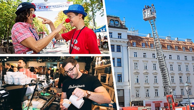 Running for a good cause in the Prater (above), Vienna Coffee Festival and the fire department festival at the courtyard (right). (Bild: Krone KREATIV/Tim Dornaus, Zwefo, Jürgen Hammerschmid)