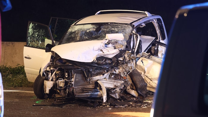 One of the completely demolished accident vehicles on the A1
