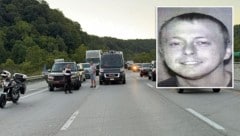 Die Polizei sperrte die Autobahn ab und jagte den flüchtigen Schützen (kl. Bild). (Bild: Krone KREATIV/APA/AFP/Laurel County Sheriff‘s Office, APA/Mount Vernon Fire Department)