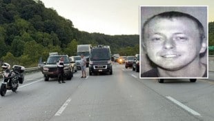 Die Polizei sperrte die Autobahn ab und jagte den flüchtigen Schützen (kl. Bild). (Bild: Krone KREATIV/APA/AFP/Laurel County Sheriff‘s Office, APA/Mount Vernon Fire Department)