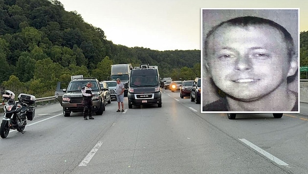 The police cordoned off the highway and chased the fleeing gunman (small picture). (Bild: Krone KREATIV/APA/AFP/Laurel County Sheriff‘s Office, APA/Mount Vernon Fire Department)