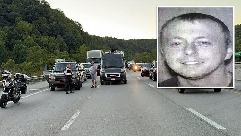 The police closed off the highway and chased the fleeing shooter (small picture). (Bild: Krone KREATIV/APA/AFP/Laurel County Sheriff‘s Office, APA/Mount Vernon Fire Department)