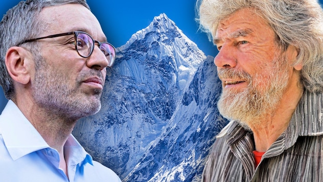 Reinhold Messner (re.) wird demnächst 80. Er ist immer noch unermüdlich, will aber in parteipolitisches Kalkül (im Bild links FPÖ-Chef Herbert Kickl) nicht hineingezogen werden. (Bild: Krone KREATIV/EXPA/Dominik Angerer, Christof Birbaumer, stock.adobe.com)