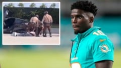 Tyreek Hill wenige Stunden vor dem Spiel auf dem Boden. (Bild: AP, x, krone.at-grafik)