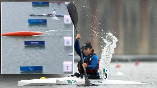 Katherinne Wollermann capsized at the finish line. (Bild: AFP/APA/OIS/IOC/Joel MARKLUND, Youtube/paralympics)