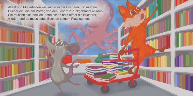 Aksel and Mia live in the library, as the octopus on the wall makes clear. (Bild: Anna Weinmüller)