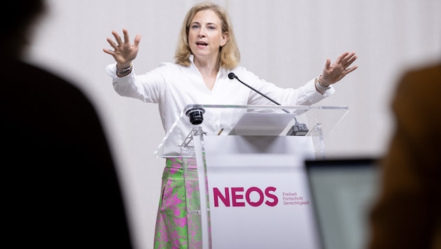 NEOS-Parteichefin Beate Meinl-Reisinger sagte am Montag, es brauche „endlich einmal Klarheit, dass rechtsextrem etwas anderes ist als rechts“. (Bild: APA/TOBIAS STEINMAURER)