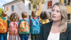 Familienministerin Susanne Raab (ÖVP) will vor Eröffnungsfeier von Volksschule Gratis-Eis verteilen. Das findet der SPÖ-Bürgermeister gar nicht süß. (Bild: krone.tv, stock.adobe.com)