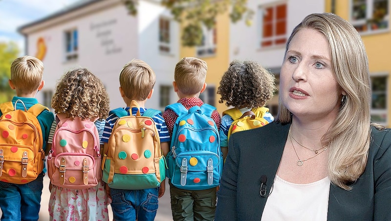 Familienministerin Susanne Raab (ÖVP) will vor Eröffnungsfeier von Volksschule Gratis-Eis verteilen. Das findet der SPÖ-Bürgermeister gar nicht süß. (Bild: krone.tv, stock.adobe.com)