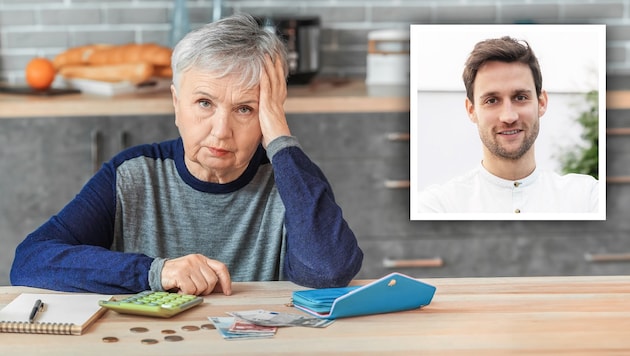 Many people are afraid of having too little money in their pension. Florian Moser from AK Styria advises people to find out in good time. (Bild: Krone KREATIV/Stock adobe, AK Stmk/Kanizaj)