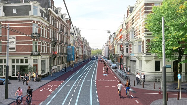 This is what Bahnhofstrasse could soon look like. Car traffic will be reduced and there will be plenty of space for cyclists and pedestrians. (Bild: City Amsterdam)