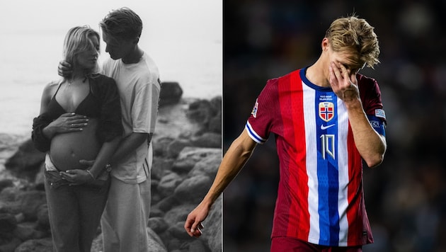 Martin Odegaard had to leave the pitch injured, girlfriend Helene Spilling suffered with him. (Bild: GEPA/GEPA pictures, Instagram/helenespilling)