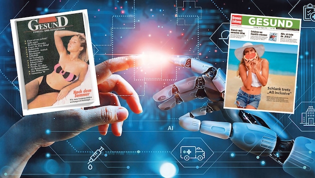 Cover einst (links) und jetzt (ganz rechts). Dazwischen liegen spektakuläre 35 Jahre Medizingeschichte, über die wir seither berichten. (Bild: Krone KREATIV/adobe.stock.com)