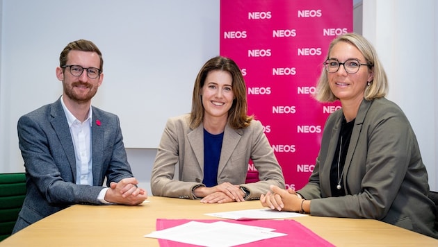 NEOS-Klubchef Johannes Gasser, NEOS-Landessprecherin Claudia Gamon und NEOS-Kandidatin Katharina Fuchs. (Bild: NEOS/Ben Hämmerle)