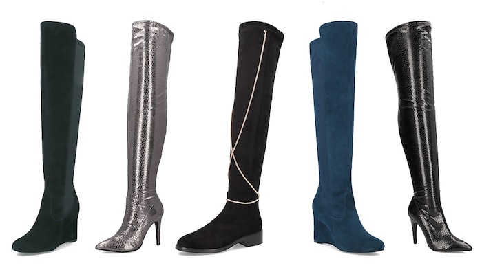 The SILVIA overknee boot in silver and black with a light metallic texture and high stiletto heel, the GINA suede boot with wedge heel and the elegant, flat VERENA overknee boot with detachable gold chain add elegance and sophistication to any look. 