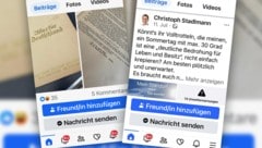 Für das Buch mit dem SA-Spruch machte Stadlmann auf seiner Facebook-Seite Propaganda (li.). Warner vor gesundheitlichen Risiken bei Temperaturen über 30 Grad werden von ihm als „Volltrotteln“ beschimpft, die krepieren sollen. (Bild: Screenshot Facebook)