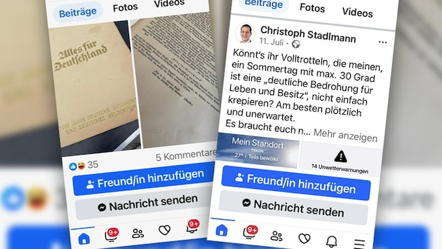 Stadlmann promoted the book with the SA slogan on his Facebook page (left). He insults those who warn of health risks at temperatures above 30 degrees as "complete idiots" who should die. (Bild: Screenshot Facebook)