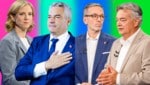 Beate Meinl-Reisinger (NEOS) duellierte sich am Dienstagabend mit Kanzler Karl Nehammer (ÖVP). Der Ton war recht amikal. Weitaus hitziger ging es beim Duell zwischen Herbert Kickl (FPÖ) und Werner Kogler (Die Grünen) zu. (Bild: Krone KREATIV/ORF APA)