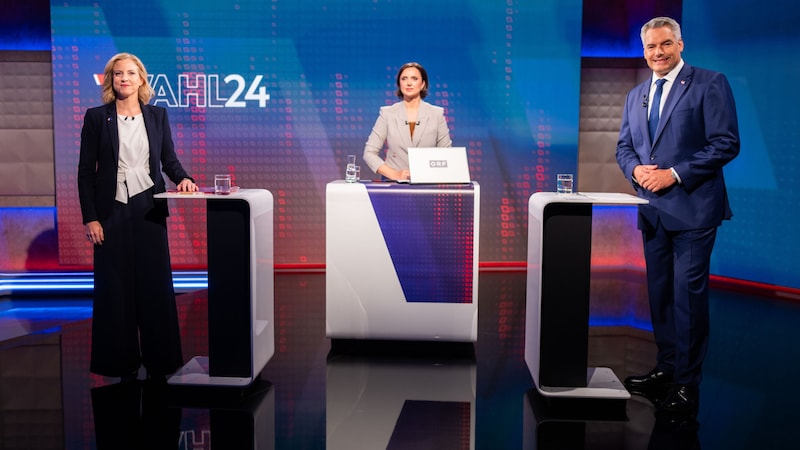 NEOS leader Beate Meinl-Reisinger, ORF presenter Susanne Schnabl and Federal Chancellor Karl Nehammer (ÖVP) (Bild: APA/GEORG HOCHMUTH)