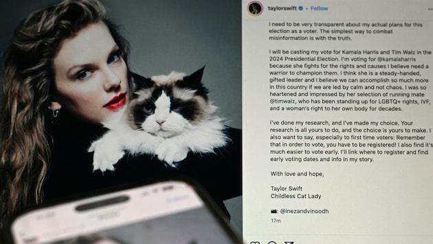 Taylor Swift has entered the US election campaign as a "childless cat lady". (Bild: APA Pool/AFP/PEDRO UGARTE)