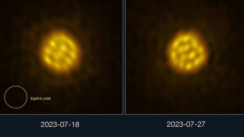 Die Gasblasen auf R Doradus sind 75-mal so groß wie unsere Zentralgestirn. (Bild: ALMA (ESO/NAOJ/NRAO)/W. Vlemmings et al.)