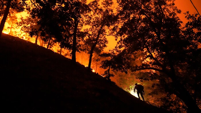 A firefighter battles the Bridge Fire.